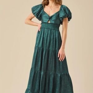 Altar'd State Emerald Green Maxi Dress with Puff Sleeves